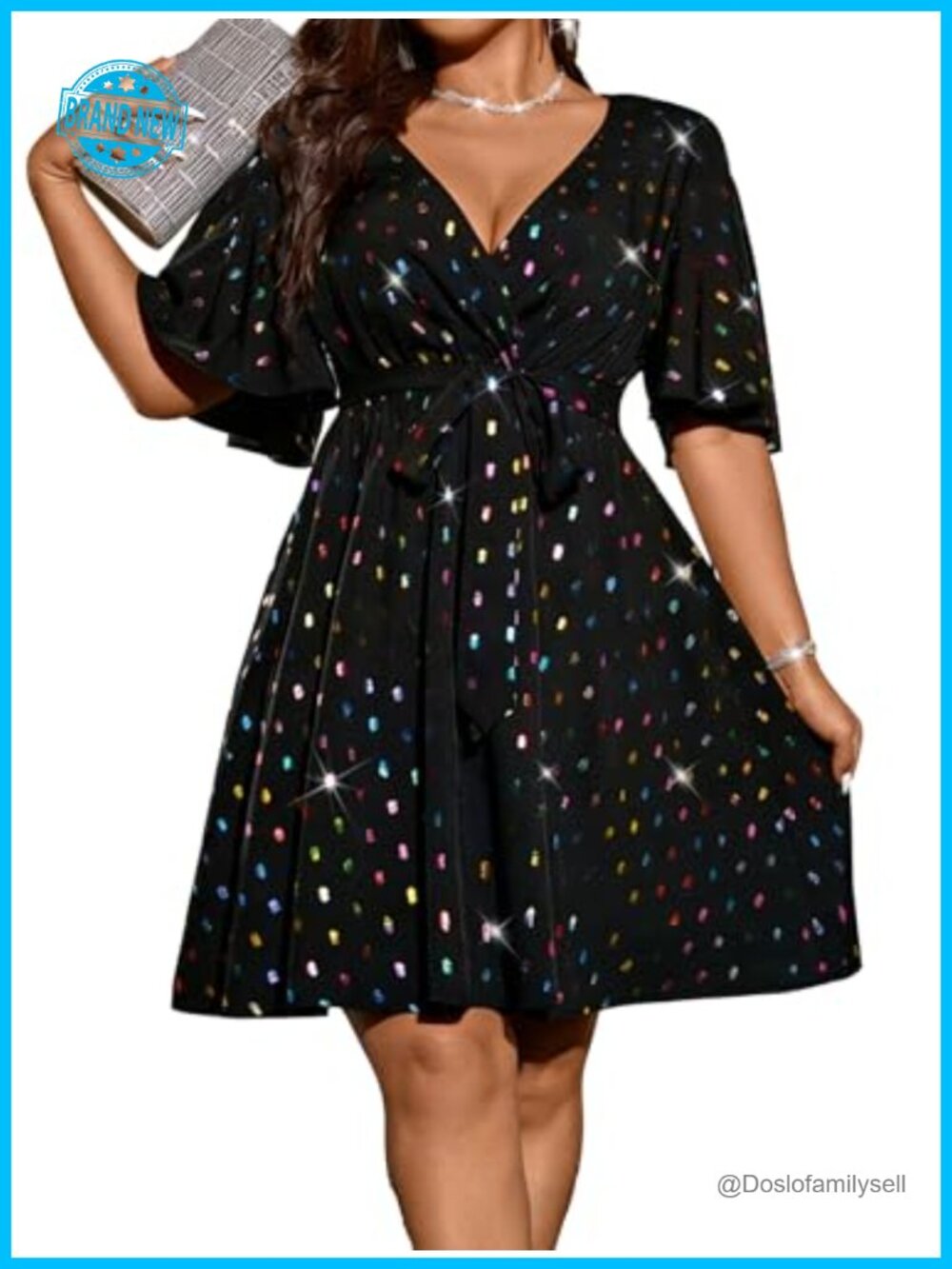 Plus Size Sequin Wrap V Neck Short Sleeve Cocktail Party Dress